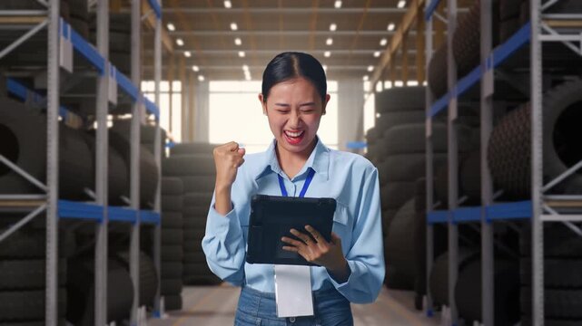 Asian Female With Her Tablet at Tire Warehouse Interior with Industrial Shelving Racks, She Raises Her Fist Up With Screaming Goal