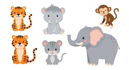 Cute jungle animal vector set, adorable baby tiger and elephant illustrations, cartoon monkey and mammoth characters for nursery decor © stcok victer cenva