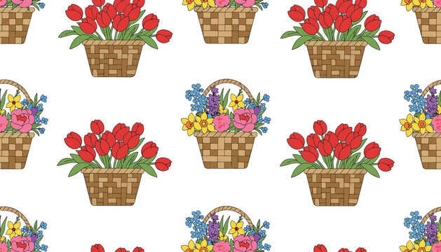 Beautiful seamless pattern of woven wicker baskets filled with red tulips and colorful spring flowers on white background.