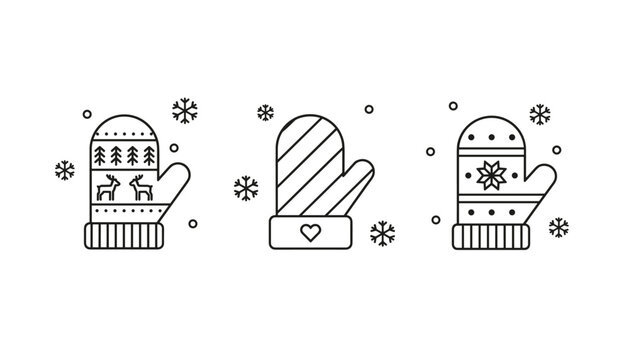 Charming set of three winter mittens decorated with traditional patterns and snowflakes in simple outline style.