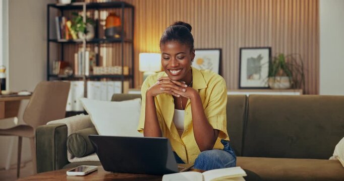 Happy, woman and celebration in home with laptop, hiring offer and email for remote work opportunity. Excited, black person and fist pump on sofa with computer, job acceptance or freelance employment