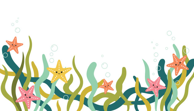 Cute underwater illustration featuring smiling colorful starfishes among wavy seaweeds on a white background.