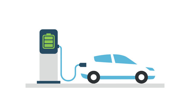 Eco friendly white electric car plugged into a blue charging station with a green battery display on a white background.