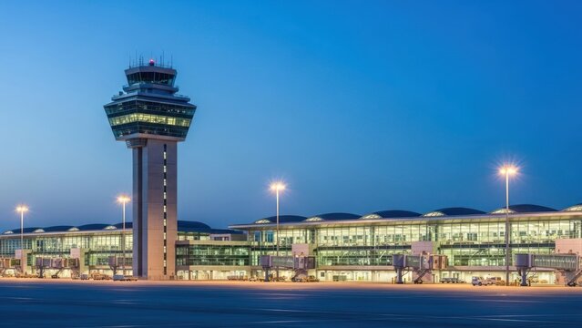Modern Airport Control Tower and Terminal Building at Dusk.