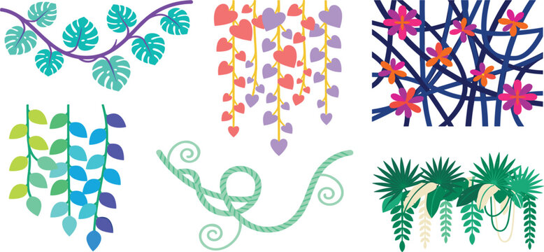 Decorative jungle liana creepers collection with green palm fronds monstera foliage hanging heart string plant tendrils and vibrant tropical blossoms vector illustration