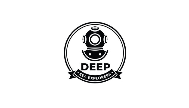 Vintage circular logo of a deep sea diving helmet with a banner reading deep sea explorers on white background.