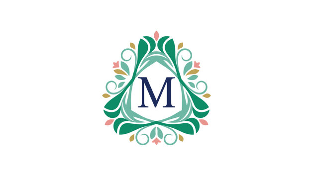 Elegant floral monogram frame featuring the letter m with botanical ornaments and leaves isolated on a white background.