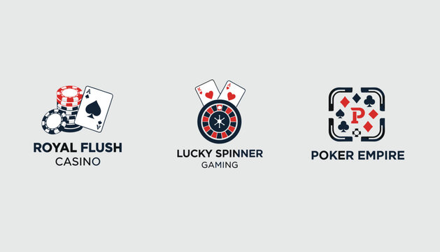 Collection of professional casino and gaming logos including royal flush, lucky spinner, and poker empire emblems.