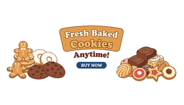 Advertising banner for fresh baked cookies featuring a variety of delicious biscuits, gingerbread men, and brownies.