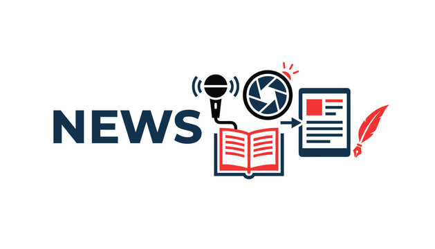 Creative banner design for media and journalism featuring the word news alongside various communication and recording icons.