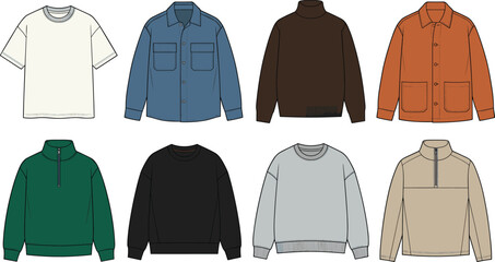 Collection of mens casual tops sweatshirts and shirts vector technical sketches including quarter zips and jackets © MstNajma