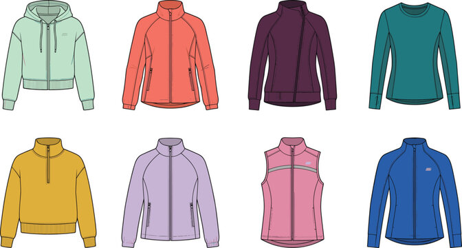 Collection of womens activewear jackets and athletic hoodies vector technical sketches including quarter zips and vests