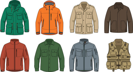 Collection of mens tactical outerwear and utility jackets vector technical sketches including vests and windbreakers © MstNajma