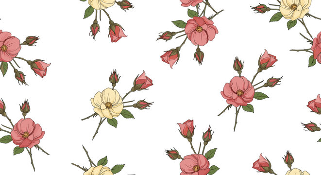 Lovely seamless pattern of delicate pink and white wild roses with green leaves scattered across a clean white background.