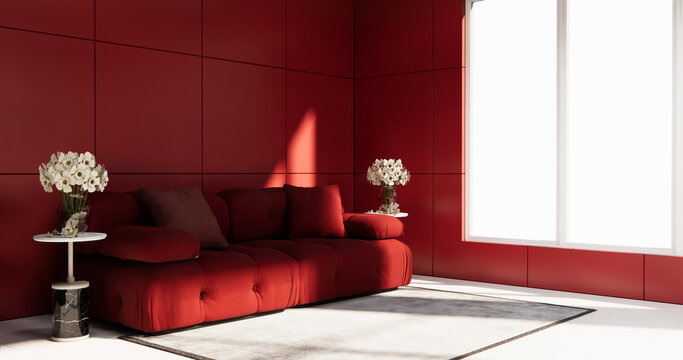 Red Living room with red wall and modern sofa on tiles floor.3D rendering