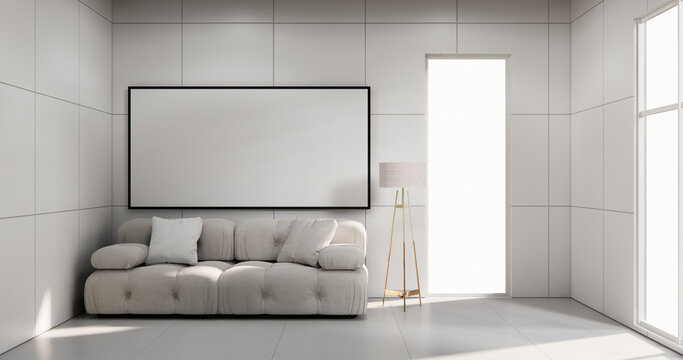 Cabinet on scene white living room wall decoration and granite tiles floor.3D rendering