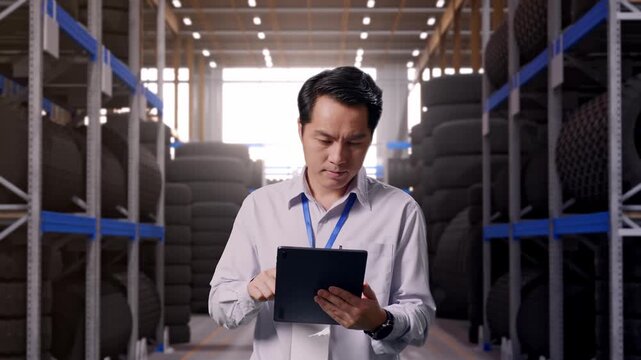 Asian Male Professional Worker Standing With His Tablet at Tire Warehouse Interior with Industrial Shelving Racks, Work Continuously With His Tablet