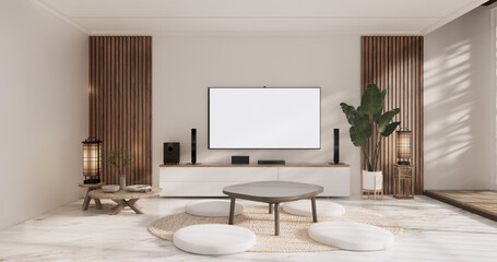 Cabinet on scene white living room wall decoration and granite tiles floor.3D rendering © Interior Design