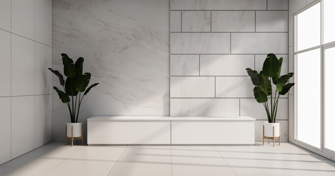 Cabinet on scene white living room wall decoration and granite tiles floor.3D rendering