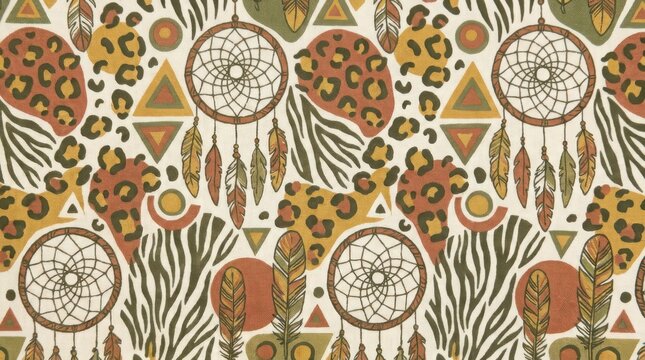 Boho tribal animal print dreamcatcher seamless pattern