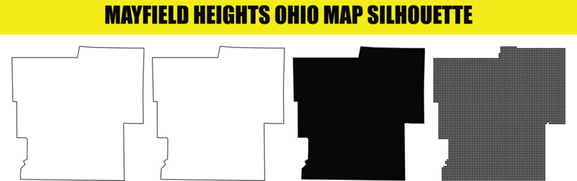 Mayfield heights ohio map silhouette four style pack with solid and outline shapes on transparent grid background.