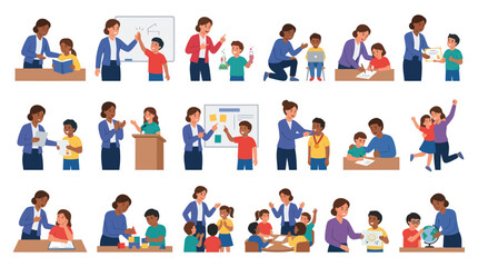 Fototapeta premium Education and Learning Flat Vector Illustration Set: Diverse Teachers and Students in Classroom Activities