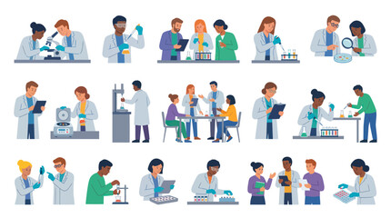 Fototapeta premium Flat Vector Illustration of Diverse Scientists and Researchers Working with Lab Equipment in a Science Laboratory