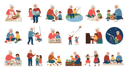 Fototapeta premium Happy Grandparents and Grandchildren Together, Flat Illustration