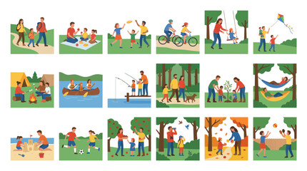 Naklejka premium Flat Illustration Set of Family Outdoor Activities. People Enjoying Nature, Recreation, Sports, Camping Leisure with Children.
