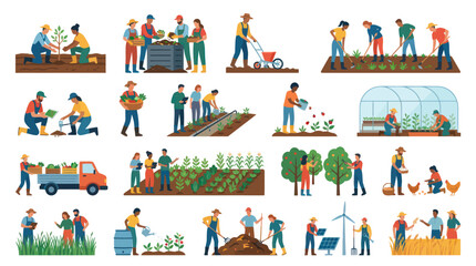 Naklejka premium Flat Vector Set: People Farming, Gardening, and Sustainable Agriculture Activities. Organic Food Production