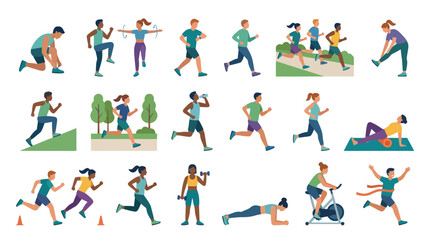 Fototapeta premium Flat Style Illustration Collection of People Exercising, Running, and Training in Various Fitness and Sport Activities