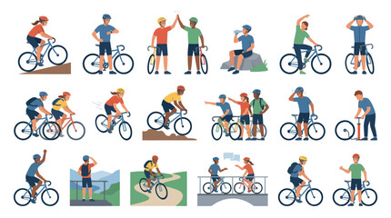 Fototapeta premium People Cycling Flat Vector Illustration Set: Sport, Fitness, and Outdoor Bike Riding Activities