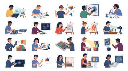 Fototapeta premium Creative Technology and Digital Art Flat Vector Illustration Set: People Designing, Crafting Innovating