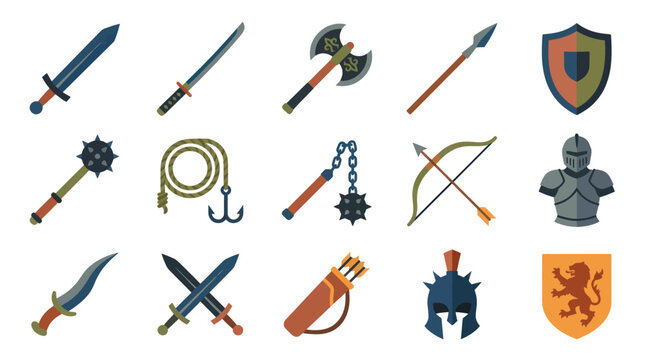 Flat Design Medieval Weapons and Armor Icons - Fantasy Game Assets