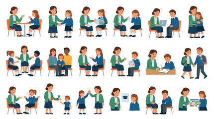 Fototapeta premium Education and Child Counseling Flat Vector Illustrations: Teacher, Parent, Student Communication Support