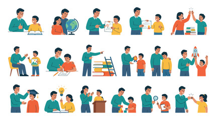 Fototapeta premium Education and Parenting Flat Vector Illustration Set: Adults Mentoring and Teaching Children, Childhood Development