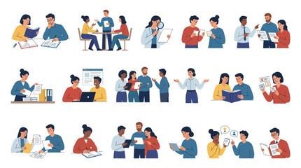 Fototapeta premium Flat Vector Business Communication and Education: People Working, Learning and Collaborating Illustrations