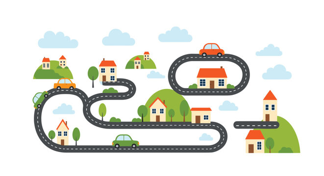 Playful map illustration for kids featuring winding black roads, colorful small houses, green hills, trees, and cute little cars.