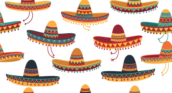 Colorful seamless pattern featuring a variety of traditional Mexican sombreros with intricate ethnic designs and tassels.