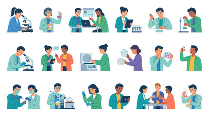 Fototapeta premium Flat Vector Illustration Set of Scientists and Researchers Working in Laboratories, Conducting Experiments