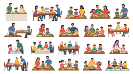 Naklejka premium Family Food Preparation and Mealtime Lifestyle Flat Vector Illustrations Set