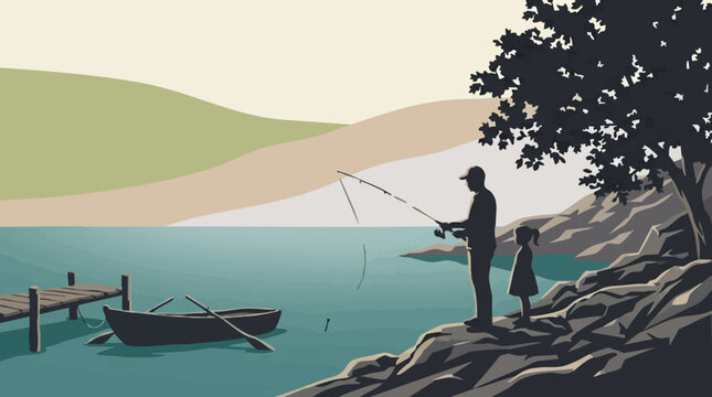 Father and daughter fishing by a lake, serene minimalist illustration