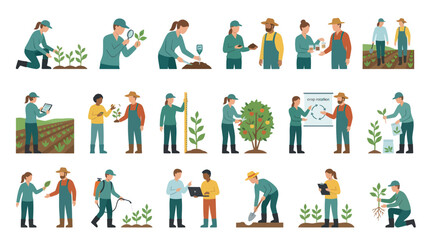 Fototapeta premium Flat Vector Illustrations of Farmers and Agronomists: People Working in Agriculture and Crop Cultivation