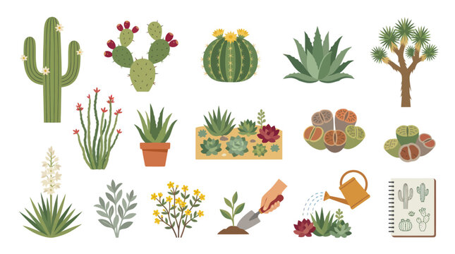 Flat Vector Illustration of Desert Cactus and Succulent Plants, Gardening Tools, and Botanical Elements