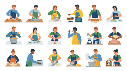 Fototapeta premium Flat Illustration of People Cooking and Preparing Food in Kitchen, Food Industry