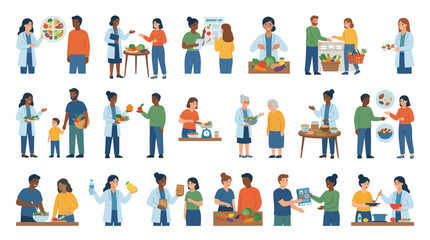 Fototapeta premium Nutritionists and healthy eating consultation, flat illustration icons