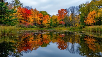 Autumnal forest scene colorful trees reflected in calm water © Background