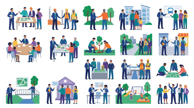 Flat Vector Urban Planning and Community Development Illustration Set with Architects, Engineers, and Citizens