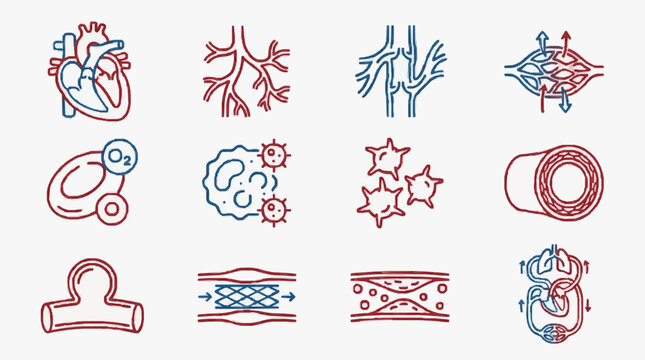 Medical science icons representing human circulatory system and cellular biology.