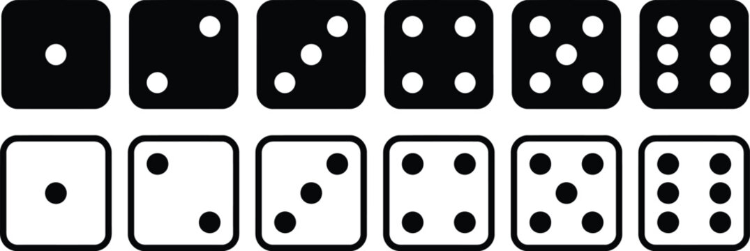 Set of black and white dice icons showing numbers from one to six in two rows